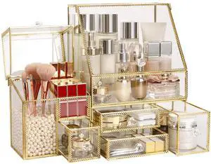 Large Glass Makeup Organizer Drawer Set Beauty Storage Bathroom Counter Organizer Cosmetic Display with Pearl (16in) Large Glass Makeup Organizer Drawer Set Beauty Storage Bathroom Counter Organizer Cosmetic Display with Pearl (16in)