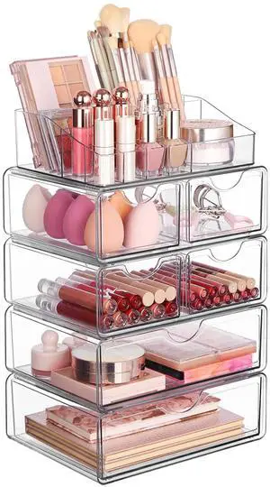 5 Tier Clear Makeup Organizer with Drawer, Cosmetic Storage for Dresser Countertop and Bathroom Vanity, Beauty Holder for Lipstick Brush Skincare 5 Tier Clear Makeup Organizer with Drawer, Cosmetic Storage for Dresser Countertop and Bathroom Vanity, Beauty Holder for Lipstick Brush Skincare