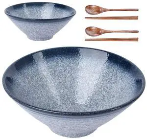 Ceramic Japanese Ramen Bowls, 2 Sets (6 Piece) 60 Ounce, Large Noodle Soup Bowl with Matching Chopsticks and Spoons for Asian Pho Udon Soba, Blue Ceramic Japanese Ramen Bowls, 2 Sets (6 Piece) 60 Ounce, Large Noodle Soup Bowl with Matching Chopsticks and Spoons for Asian Pho Udon Soba, Blue