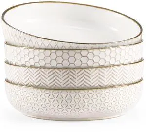 Pasta Bowls, Ceramic, Embossed Serving Bowls For Stews and Salads, Large Capacity, Microwave & Dishwasher Safe, Ivory with Dark Copper Accents, Set of 4, 40 oz, Narbonne Collection Pasta Bowls, Ceramic, Embossed Serving Bowls For Stews and Salads, Large Capacity, Microwave & Dishwasher Safe, Ivory with Dark Copper Accents, Set of 4, 40 oz, Narbonne Collection