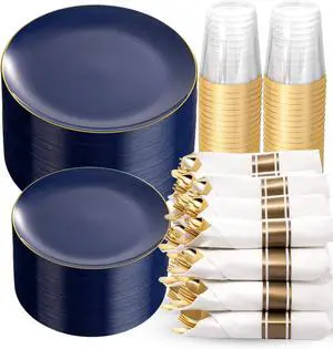 350Pcs Blue and Gold Plates -Heavy Duty Navy Blue Dinnerware Set - 100 Plastic Plates 50 Pre Rolled Napkins with Gold Plastic Silverware 50 Cups for Party/4th of July/Wedding 350Pcs Blue and Gold Plates -Heavy Duty Navy Blue Dinnerware Set - 100 Plastic Plates 50 Pre Rolled Napkins with Gold Plastic Silverware 50 Cups for Party/4th of July/Wedding