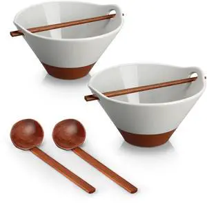 42 oz Ceramic Ramen Bowl Set with Wooden Spoon & Chopsticks, Japanese Style Soup Bowls for Ramen, Pho, Noodles Set of 2, Microwave & Dishwasher Safe, Series TARA (Gray and Khaki) 42 oz Ceramic Ramen Bowl Set with Wooden Spoon & Chopsticks, Japanese Style Soup Bowls for Ramen, Pho, Noodles Set of 2, Microwave & Dishwasher Safe, Series TARA (Gray and Khaki)