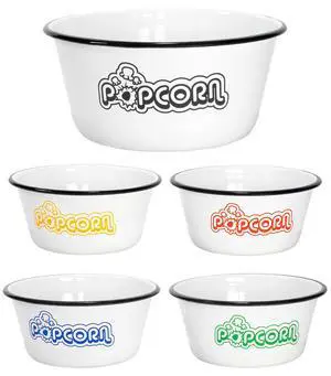 Set of 5 White Enamelware Metal Classic 4 Quart and 1.2 Quart Popcorn Bowls, Assorted Color Prints/Black Rim Set of 5 White Enamelware Metal Classic 4 Quart and 1.2 Quart Popcorn Bowls, Assorted Color Prints/Black Rim