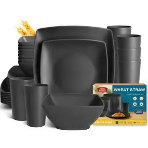 32-piece Plastic Wheat Straw Square Dinnerware Set for 8, Unbreakable Dinner Plates, Salad Plates, Snack Bowls, Tumblers, Dishwasher Safe, Outdoor Kitchen Dinning RV Essentials Dish, Black 32-piece Plastic Wheat Straw Square Dinnerware Set for 8, Unbreakable Dinner Plates, Salad Plates, Snack Bowls, Tumblers, Dishwasher Safe, Outdoor Kitchen Dinning RV Essentials Dish, Black