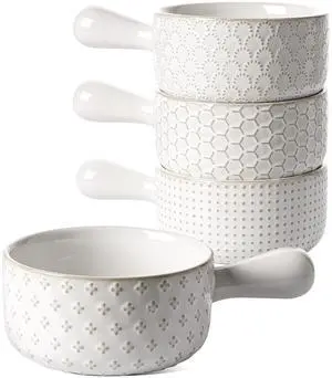 French Onion Soup Bowls, 18 Ounce Soup Bowls With Handles for Chili, Beef Stew, French Onion Soup Crocks Oven Safe - 5 inch, Set of 4, Arctic White French Onion Soup Bowls, 18 Ounce Soup Bowls With Handles for Chili, Beef Stew, French Onion Soup Crocks Oven Safe - 5 inch, Set of 4, Arctic White