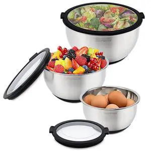 Mixing Bowls with Lids Set, Non Slip Silicone Bottom Stainless Steel Mixing Kitchen Bowls for Baking/Storage, Dishwasher Safe, 5/3/1.5QT Mixing Bowls with Lids Set, Non Slip Silicone Bottom Stainless Steel Mixing Kitchen Bowls for Baking/Storage, Dishwasher Safe, 5/3/1.5QT
