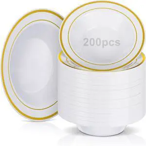 200 Pieces 6 oz Plastic Bowls with Rim Small Disposable Soup Bowls for Dessert Salad Soup Candy Wedding Thanksgiving Catering Holidays Party Supplies (White,Gold Rim) 200 Pieces 6 oz Plastic Bowls with Rim Small Disposable Soup Bowls for Dessert Salad Soup Candy Wedding Thanksgiving Catering Holidays Party Supplies (White,Gold Rim)