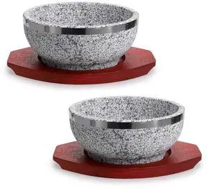 2 Pcs Dolsot Bibimbap Bowl 32 Oz, Granite Stone Bowl with Wood Base, Dolsot Pot for Korean Soup, Rice and Stew 2 Pcs Dolsot Bibimbap Bowl 32 Oz, Granite Stone Bowl with Wood Base, Dolsot Pot for Korean Soup, Rice and Stew