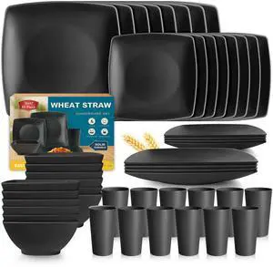 48-piece Plastic Wheat Straw Square Dinnerware Set for 12, Unbreakable Dinner Plates, Salad Plates, Snack Bowls, Tumblers 13.5 oz, Dishwasher Safe Kitchen Outdoor Camping RV Dish, Black 48-piece Plastic Wheat Straw Square Dinnerware Set for 12, Unbreakable Dinner Plates, Salad Plates, Snack Bowls, Tumblers 13.5 oz, Dishwasher Safe Kitchen Outdoor Camping RV Dish, Black