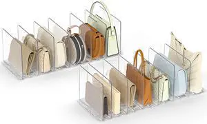 Bag & Purse Organizer for Closet: Adjustable Clear Handbag Storage Shelf - Plastic Clutch Dividers for Closet Organizers and Storage - Keep Carteras & Pocketbook Upright Bag & Purse Organizer for Closet: Adjustable Clear Handbag Storage Shelf - Plastic Clutch Dividers for Closet Organizers and Storage - Keep Carteras & Pocketbook Upright