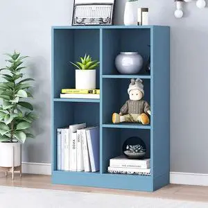 Open Shelf Low Bookcase - Wooden 3-Tier Floor Standing Display Cabinet Organizer with Base, 5 Cubes Short Horizontal Bookshelf in Bright Blue Open Shelf Low Bookcase - Wooden 3-Tier Floor Standing Display Cabinet Organizer with Base, 5 Cubes Short Horizontal Bookshelf in Bright Blue