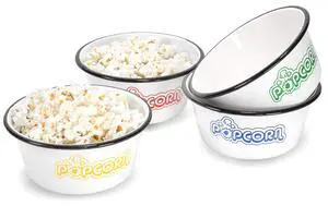 Set of 4 White Enamelware Metal Classic 1.2 Quart Popcorn Bowls, Assorted Color Prints/Black Rim Set of 4 White Enamelware Metal Classic 1.2 Quart Popcorn Bowls, Assorted Color Prints/Black Rim