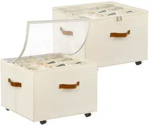 Shoe Organizer for Closet, 2 Pack Shoe Storage Organizer with Wheels and Adjustable Dividers, Stackable Shoe Storage Box with Clear Cover, Foldable Closet Shoe Organizer Fits up to 16-32 Pairs, Beige Shoe Organizer for Closet, 2 Pack Shoe Storage Organizer with Wheels and Adjustable Dividers, Stackable Shoe Storage Box with Clear Cover, Foldable Closet Shoe Organizer Fits up to 16-32 Pairs, Beige