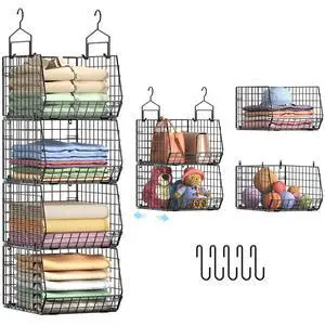 4" Extra Deeper Hanging Closet Organizers and Storage,4 Tier Foldable Wire Cabinet Shelves with 5 S Hooks,Small Metal Basket Bins for Clothes Sweaters Handbags, Wardrobe for Kitchen Laundry RoomBlack 4" Extra Deeper Hanging Closet Organizers and Storage,4 Tier Foldable Wire Cabinet Shelves with 5 S Hooks,Small Metal Basket Bins for Clothes Sweaters Handbags, Wardrobe for Kitchen Laundry RoomBlack