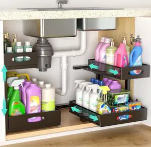 Under Sink Organizer, Extra-Wide Upgrade, 2-Pack of 2-Tier Metal Slide Out Cabinet Organizer, Height Adjustable Organization and Storage Series, Bathroom/Cabinet/Kitchen organization, Black Under Sink Organizer, Extra-Wide Upgrade, 2-Pack of 2-Tier Metal Slide Out Cabinet Organizer, Height Adjustable Organization and Storage Series, Bathroom/Cabinet/Kitchen organization, Black