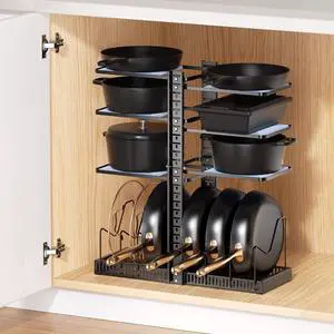 Pots and Pans Organizer under Cabinet, Adjustable Height Up to 24'', 6 Tier Pot Organizer Rack with 6 Horizontal Dividers, Adjustable Pot and Pan Organizer for Kitchen Storage, Black Pots and Pans Organizer under Cabinet, Adjustable Height Up to 24'', 6 Tier Pot Organizer Rack with 6 Horizontal Dividers, Adjustable Pot and Pan Organizer for Kitchen Storage, Black