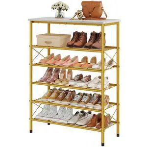 6 Tier Shoe Rack Organizer for 20-24 Pairs of Shoes, Metal Mesh Shoe Shelf for Closet, Industrial Shoe Rack for Entryway Shoe Storage with X Shape Fixed Frame, White & Gold 6 Tier Shoe Rack Organizer for 20-24 Pairs of Shoes, Metal Mesh Shoe Shelf for Closet, Industrial Shoe Rack for Entryway Shoe Storage with X Shape Fixed Frame, White & Gold