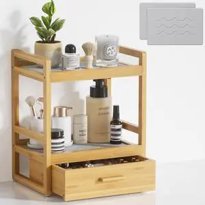 Bamboo Bathroom Organizer Countertop, 2 Tier Vanity Organizers and Storage with Drawer for Skincare & Makeup, Counter Shelf with Stone Drying Mat for Coffee Bar, Kitchen, Matcha Station Bamboo Bathroom Organizer Countertop, 2 Tier Vanity Organizers and Storage with Drawer for Skincare & Makeup, Counter Shelf with Stone Drying Mat for Coffee Bar, Kitchen, Matcha Station