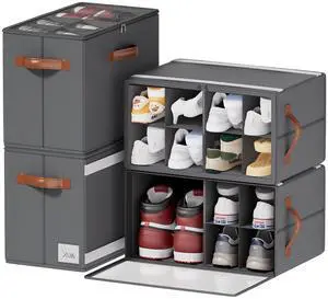 4 Pack Shoe Organizer for Closet, Foldable Shoe Storage Organizer with Adjustable Dividers and Clear Cover, Stackable Fabric Closet Shoe Organizer Storage Box Fits 32 Pairs, Gray 4 Pack Shoe Organizer for Closet, Foldable Shoe Storage Organizer with Adjustable Dividers and Clear Cover, Stackable Fabric Closet Shoe Organizer Storage Box Fits 32 Pairs, Gray