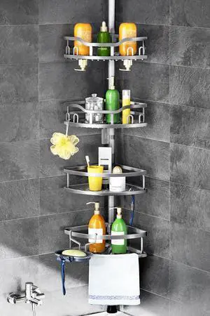 Corner Shower Caddy Tension Pole: Rustproof 4-Tier Bathroom Organizer Shelves for Bathtub Shampoo Storage - 47-121 Inch Quick Install Adjustable Rod Standing Rack with Soap Rack - Silver Gray Corner Shower Caddy Tension Pole: Rustproof 4-Tier Bathroom Organizer Shelves for Bathtub Shampoo Storage - 47-121 Inch Quick Install Adjustable Rod Standing Rack with Soap Rack - Silver Gray