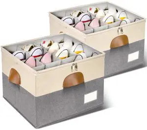 2 Pack Shoe Organizer for Closet, Adjustable Shoe Box Storage Containers, Large Foldable Shoe Bins with Clear Cover, Space Saving Shoes Holder with 4 Handles, Fits 16-32 Pairs, Beige 2 Pack Shoe Organizer for Closet, Adjustable Shoe Box Storage Containers, Large Foldable Shoe Bins with Clear Cover, Space Saving Shoes Holder with 4 Handles, Fits 16-32 Pairs, Beige