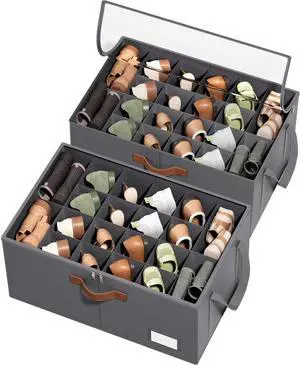 2 Pack Shoe Organizer for Closet, Foldable Shoe Storage Organizer with Clear Cover, Lable and Reinforced Handles, Space Saving Shoes Box Fits up to 20-40 Pairs, Gray 2 Pack Shoe Organizer for Closet, Foldable Shoe Storage Organizer with Clear Cover, Lable and Reinforced Handles, Space Saving Shoes Box Fits up to 20-40 Pairs, Gray