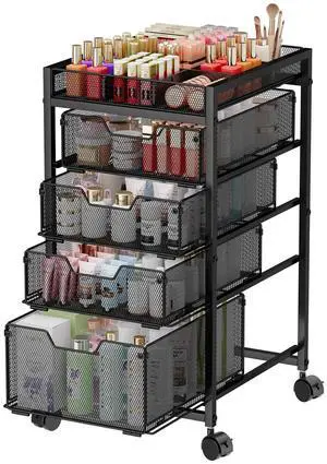5-Tier Rolling Makeup Cart Organizer with 4 Drawers, Cosmetics Display with Dividers, Floor Skincare Storage with Wheels, Versatile Vanity Organizer for Nail Polish Perfume Brush Hair Tool, Black 5-Tier Rolling Makeup Cart Organizer with 4 Drawers, Cosmetics Display with Dividers, Floor Skincare Storage with Wheels, Versatile Vanity Organizer for Nail Polish Perfume Brush Hair Tool, Black