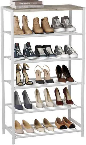 Shoe Rack 6-Tier, Shoe Storage Shelf, Industrial Shoe Tower, Narrow Shoe Organizer for Closet Entryway, Small Shoe Rack Table with Durable Metal Shelves,White Oak Shoe Rack 6-Tier, Shoe Storage Shelf, Industrial Shoe Tower, Narrow Shoe Organizer for Closet Entryway, Small Shoe Rack Table with Durable Metal Shelves,White Oak