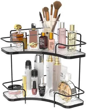 2 Tier Countertop Corner Organizer, Corner Shelf for Vanity Countertop, Bathroom, Kitchen & Coffee Bar, Open Metal Frame with Clear Trays, Tool-Free Assembly, Space-Saving Storage, Black 2 Tier Countertop Corner Organizer, Corner Shelf for Vanity Countertop, Bathroom, Kitchen & Coffee Bar, Open Metal Frame with Clear Trays, Tool-Free Assembly, Space-Saving Storage, Black