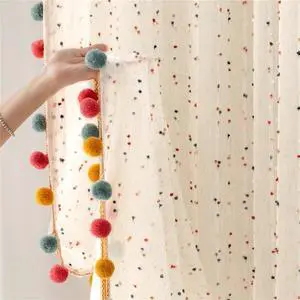 Boho Rainbow Sheer Curtain with Colorful Pom Pom Voile Drapes Faux Linen Boho Rainbow Sheer Curtain with Colorful Pom Pom Voile Drapes Faux Linen