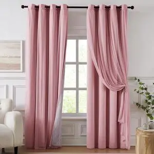 100% Blackout Curtains for Bedroom, Double Layer Pink Curtains, Black Out Curtain 96 inch Long with Sheer Overlay for Living Room, Room Darkening Window Drapes with Grommet, 52" W x 96" L 100% Blackout Curtains for Bedroom, Double Layer Pink Curtains, Black Out Curtain 96 inch Long with Sheer Overlay for Living Room, Room Darkening Window Drapes with Grommet, 52" W x 96" L