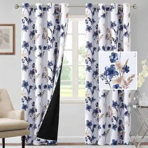 100% Blackout Curtains 84 inch Length 2 Panels Set Cattleya Floral Printed Drapes Leah Floral Thermal Curtains for Bedroom with Black Liner Sound Proof Curtains, Navy and Taupe 100% Blackout Curtains 84 inch Length 2 Panels Set Cattleya Floral Printed Drapes Leah Floral Thermal Curtains for Bedroom with Black Liner Sound Proof Curtains, Navy and Taupe