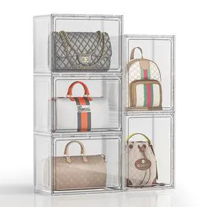 5 Pack Purse Organizer for Closet, Handbag Storage Organizer Stackable Display Case with Magnetic Door, Closet Storage Bins for Handbag, Purse, Backpack, Collectibles, White 5 Pack Purse Organizer for Closet, Handbag Storage Organizer Stackable Display Case with Magnetic Door, Closet Storage Bins for Handbag, Purse, Backpack, Collectibles, White