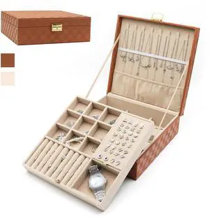 Jewelry Organizer Box, Jewelry Box Organizers for Women Girls, 2 Layers Large Leather Jewels Storage Case for Earring, Rings, Necklaces, Bracelets, Big and Small Jewellery, Watch, Ideal Gift (Brwon) Jewelry Organizer Box, Jewelry Box Organizers for Women Girls, 2 Layers Large Leather Jewels Storage Case for Earring, Rings, Necklaces, Bracelets, Big and Small Jewellery, Watch, Ideal Gift (Brwon)