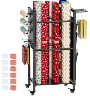 Wrapping Paper Storage Organizer with Wheels, Gift Wrap Storage Station with Ribbon and Gift Bag Storage, Rolling Craft Storage Cart with 12PCS Slap Bands, Christmas Decor, Black Wrapping Paper Storage Organizer with Wheels, Gift Wrap Storage Station with Ribbon and Gift Bag Storage, Rolling Craft Storage Cart with 12PCS Slap Bands, Christmas Decor, Black