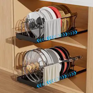 Black 2 Pack Pot Lid Organizer, Pull Out Cabinet Rack, 8 Dividers Black 2 Pack Pot Lid Organizer, Pull Out Cabinet Rack, 8 Dividers