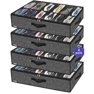 Under Bed Shoe Storage Organizer For Closet, 4 Pack Fit 12x4 Pairs, Underbed Solution Shoes Container Bags with Sturdy Sidewall & Reinforced Handles, Breathable, Linen-like Black, MXAUBSB4P Under Bed Shoe Storage Organizer For Closet, 4 Pack Fit 12x4 Pairs, Underbed Solution Shoes Container Bags with Sturdy Sidewall & Reinforced Handles, Breathable, Linen-like Black, MXAUBSB4P