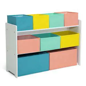 Deluxe Multi-Bin Toy Organizer with Storage Bins - Greenguard Gold Certified, White with Blue/Orange/Pastel Bins Deluxe Multi-Bin Toy Organizer with Storage Bins - Greenguard Gold Certified, White with Blue/Orange/Pastel Bins