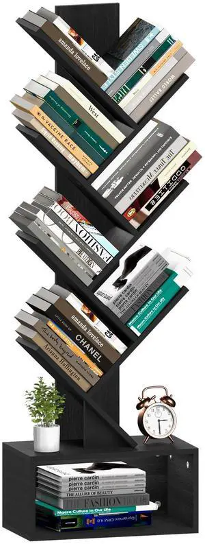 Tree Bookshelf, 6 Tier Small Book Shelf Retro Floor Standing Bookcase, Wood Book Storage Organizer Rack, Tall Narrow Bookshelves for Corner/Bedroom/Living Room/Home Office, Black Tree Bookshelf, 6 Tier Small Book Shelf Retro Floor Standing Bookcase, Wood Book Storage Organizer Rack, Tall Narrow Bookshelves for Corner/Bedroom/Living Room/Home Office, Black