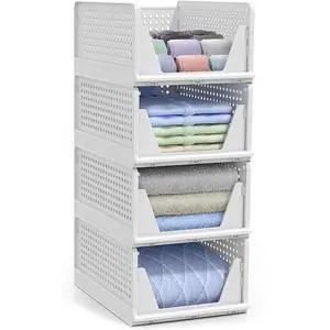 4 Pack Medium Shelf Organizer with Open Front Design Under Shelf for Closet Bathroom Kitchen Garage Plastic Stackable Storage Baskets 4 Pack Medium Shelf Organizer with Open Front Design Under Shelf for Closet Bathroom Kitchen Garage Plastic Stackable Storage Baskets