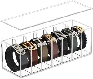 Belt Organizer, Acrylic Belt Storage for Closet with Dust Cover, 7 Compartments Belt Container Display Holder for Drawer, Clear Belt Tie Case for Women Men Home Belt Organizer, Acrylic Belt Storage for Closet with Dust Cover, 7 Compartments Belt Container Display Holder for Drawer, Clear Belt Tie Case for Women Men Home