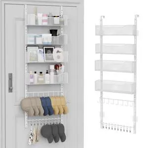 Over the Door Organizer, 2 in 1 Metal Hanging Closet Organizer & Hat Rack with 4 Adjustable Baskets, 8 Hooks, 10 Clips, Behind The Door Storage for Bedroom, Bathroom, Entrance, Closet, Kitchen, White Over the Door Organizer, 2 in 1 Metal Hanging Closet Organizer & Hat Rack with 4 Adjustable Baskets, 8 Hooks, 10 Clips, Behind The Door Storage for Bedroom, Bathroom, Entrance, Closet, Kitchen, White