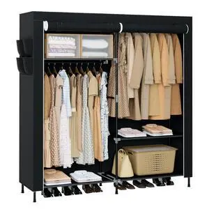 Portable Closet, 61.8 Inch Large Capacity Wardrobe Closet with Cover, Clothes Storage Organizer with Shelves and 2 Hanging Rods, Easy to Assembly, Black PCT222B01 Portable Closet, 61.8 Inch Large Capacity Wardrobe Closet with Cover, Clothes Storage Organizer with Shelves and 2 Hanging Rods, Easy to Assembly, Black PCT222B01