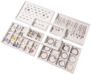 Set of 5 Stackable Jewelry Organizer Tray Necklace Earring Box Storage Ring Bracelet Display Holder (beige(ring+necklace+12girds+24girds+The glass lid)) Set of 5 Stackable Jewelry Organizer Tray Necklace Earring Box Storage Ring Bracelet Display Holder (beige(ring+necklace+12girds+24girds+The glass lid))