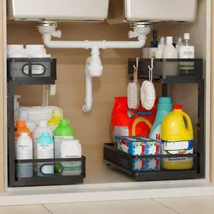 Under Sink Organizer 2 Pack, 2-Tier Slide Out Cabinet Organizer with Metal Sliding Drawer and Hooks, Pull Out Storage Baskets for Kitchen Bathroom Pantry Cabinet Organization (black) Under Sink Organizer 2 Pack, 2-Tier Slide Out Cabinet Organizer with Metal Sliding Drawer and Hooks, Pull Out Storage Baskets for Kitchen Bathroom Pantry Cabinet Organization (black)