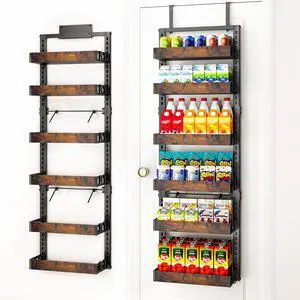 6-Tier Over the Door Pantry Organizer, 2-in-1 Door Hanging or Wall Mounted Spice Rack with Adjustable Wooden Baskets, Heavy Duty Metal Storage Shelf, 12 Hooks for Kitchen, Bathroom, Closet 6-Tier Over the Door Pantry Organizer, 2-in-1 Door Hanging or Wall Mounted Spice Rack with Adjustable Wooden Baskets, Heavy Duty Metal Storage Shelf, 12 Hooks for Kitchen, Bathroom, Closet