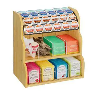 Bamboo Tea Bag and Coffee Holder Organizer for Cabinet Counter Office, 3 Tier Large Capacity Vertical K Cup and Tea Packet Storage Rack, Sturdy Display Stand, Easy Assemble Bamboo Tea Bag and Coffee Holder Organizer for Cabinet Counter Office, 3 Tier Large Capacity Vertical K Cup and Tea Packet Storage Rack, Sturdy Display Stand, Easy Assemble
