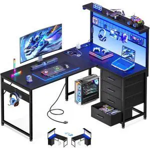 43 L Shaped Gaming Desk for Small Rooms, Compact Corner Computer Table with Shelf & Hutch, 4 Drawers, Reversible Study Desk with LED Light, Power Outlets & USB Ports, Home Office Table, Black 43 L Shaped Gaming Desk for Small Rooms, Compact Corner Computer Table with Shelf & Hutch, 4 Drawers, Reversible Study Desk with LED Light, Power Outlets & USB Ports, Home Office Table, Black