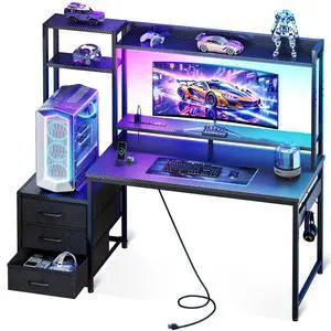 48 Inch Gaming Desk with Hutch & 3 Fabric Drawers, Computer Desk with USB Ports & LED Lights, Reversible Pc Gamer Table with Monitor Stand for Home Office, Carbon Fiber Black 48 Inch Gaming Desk with Hutch & 3 Fabric Drawers, Computer Desk with USB Ports & LED Lights, Reversible Pc Gamer Table with Monitor Stand for Home Office, Carbon Fiber Black