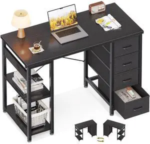 40 Inch Small Computer Desk with 4 Fabric Drawers, Modern Writing PC Desk for Small Spaces, Study & Home Office Desk with Storage Shelves, Black 40 Inch Small Computer Desk with 4 Fabric Drawers, Modern Writing PC Desk for Small Spaces, Study & Home Office Desk with Storage Shelves, Black